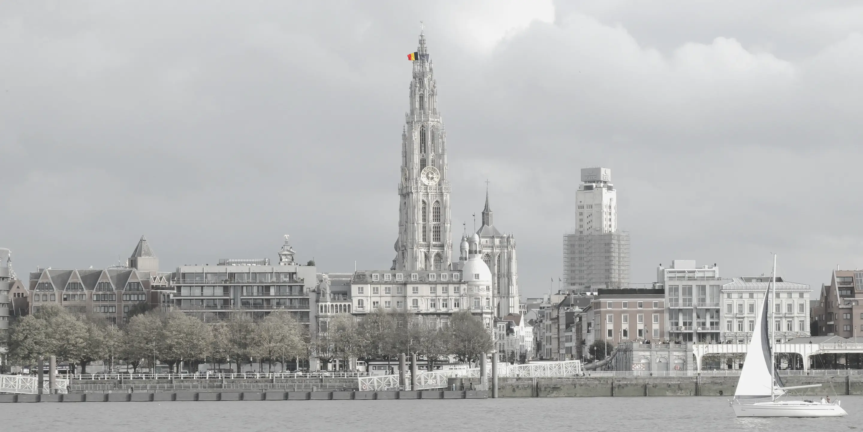 Antwerp from across the Scheldt, with the Cathedral of Our Lady and the Boerentoren.